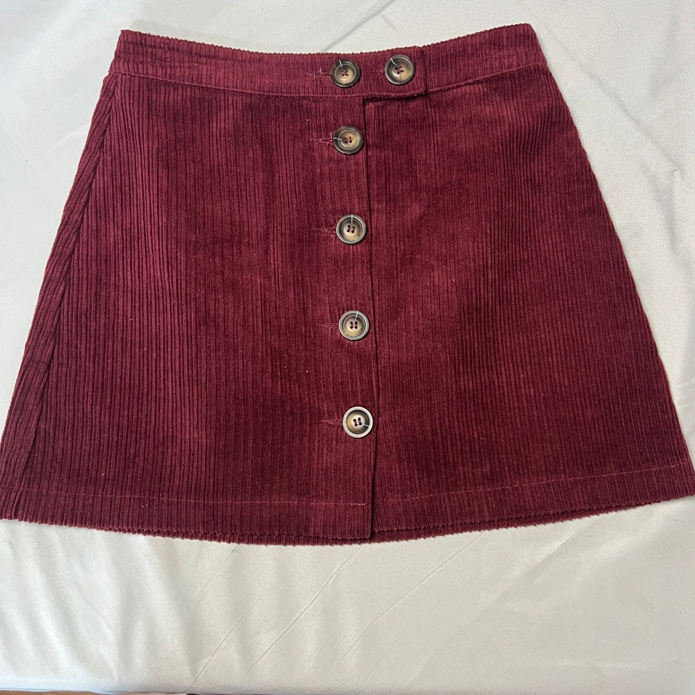 En Creme Burgundy Retro Corduroy Mini Skirt A-Line Y2K Button Front Modern S